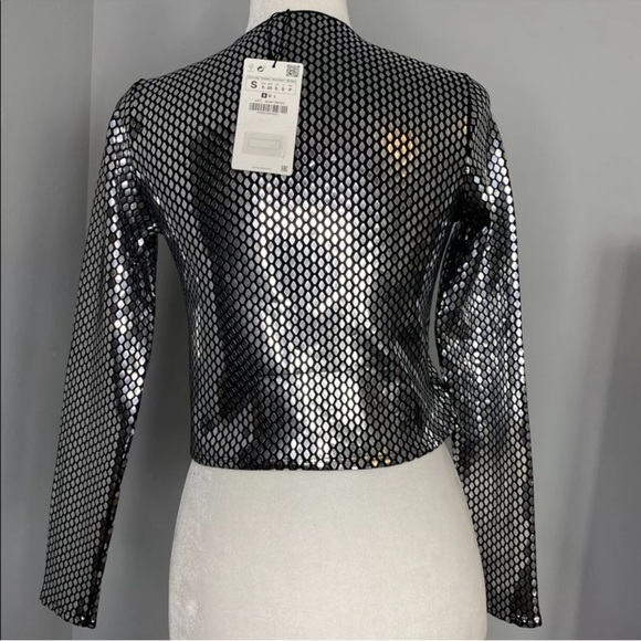 NWT Zara Woman Honeycomb Sweater Metallic Silver Shiny Black Top Size S Small - Picture 6 of 11